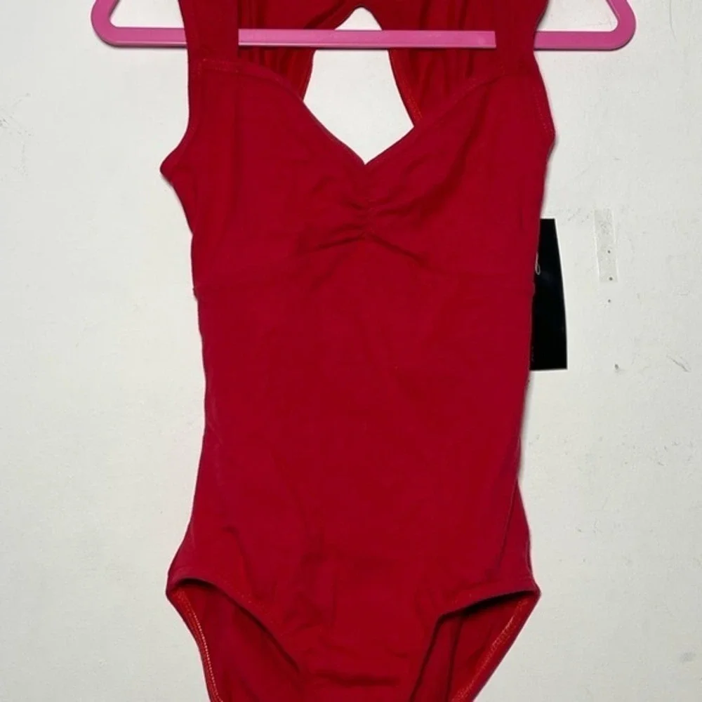 CM Theatricals Classwear Red Black Keyhole Dance Leotard Sleeveless Open X Back